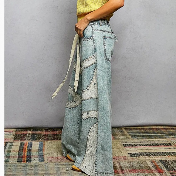 🎉 POL “ Monty “ POL Wide Pants Jeans with Eyelet Lace Detail 60A - Picture 6 of 8